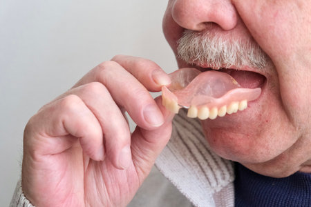 An elderly man holds a denture in his hands.