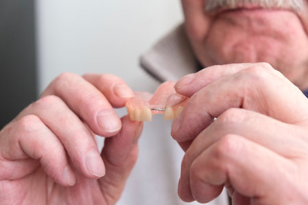An elderly man holds a denture in his hands.の写真素材