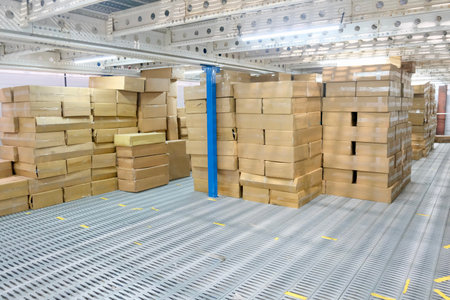 Interior of a warehouse with pallets and boxes in a warehouse