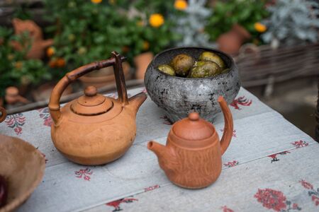 pottery food on the tableの写真素材