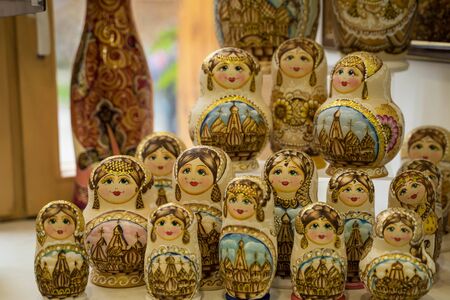 Russian nesting dolls standing in a rowの写真素材