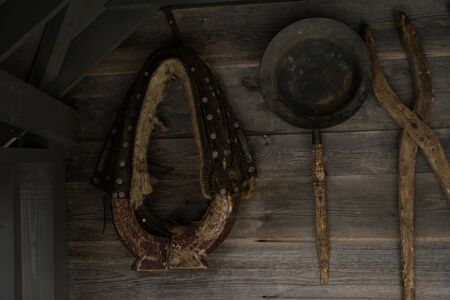 rustic plowing tools, for horses, frying panの写真素材