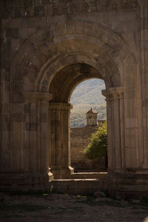 view of the church through the oval arch in Armeniaの写真素材
