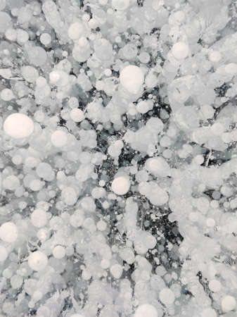 bubbles in the transparent ice of the lake