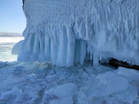 ice cave with long icicles and overlaps