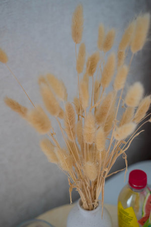 dried flowers are in a vase on the table
