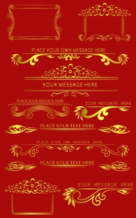 set of golden caligraphic design elements on red backgroundのイラスト素材