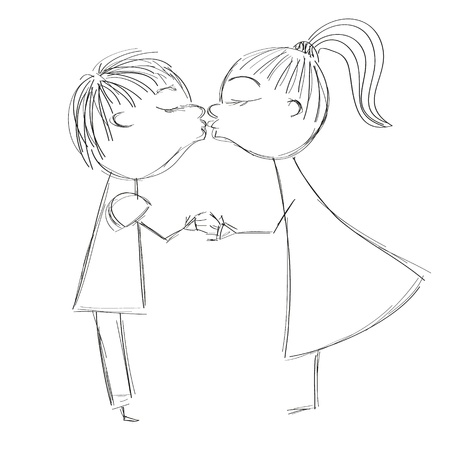 hand dawing illustration of boy and girl kissのイラスト素材