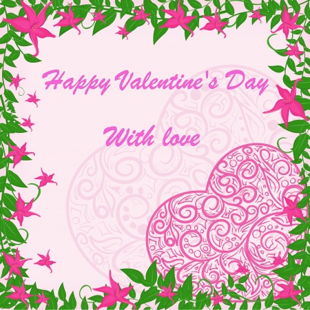 pink heart in frame with pink flowersのイラスト素材