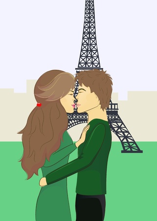 kiss against the background of Eiffel towerのイラスト素材