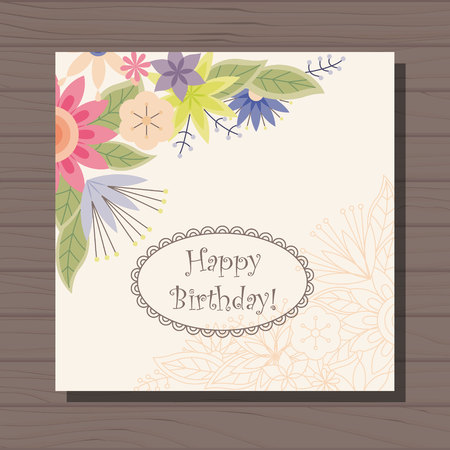 Vector birthday card with flowers in corner vintage on wooden backgroundのイラスト素材
