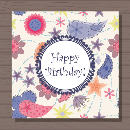Vector birthday card with flowers paisley vintage on wooden backgroundのイラスト素材