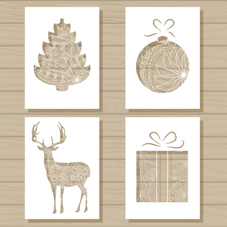 Vector Christmas set of stencil templates on wooden backgroundのイラスト素材