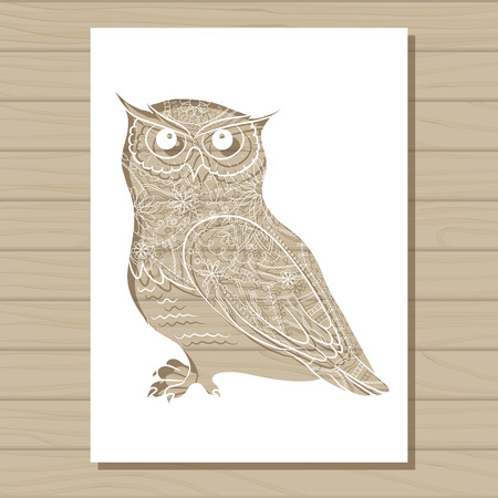 Vector stencil template of owl on wooden backgroundのイラスト素材