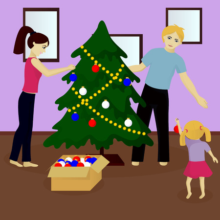 Family decorate Christmas tree vector illustrationのイラスト素材