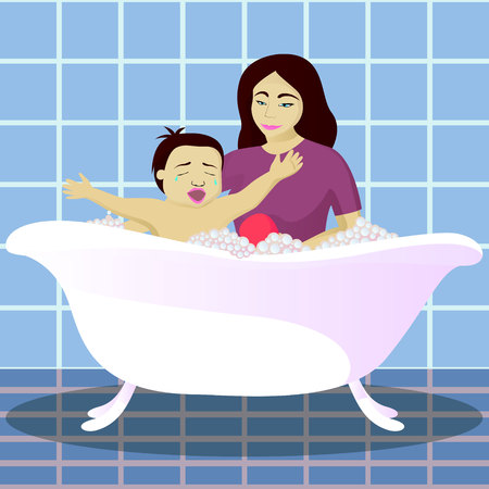 Mother washes crying child in bathroom vector illustrationのイラスト素材