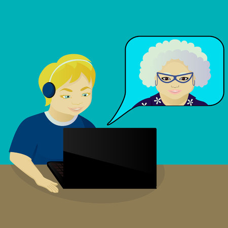 grandson talking on video call with his grandmotherのイラスト素材