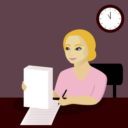 Business woman signs papers in officeのイラスト素材