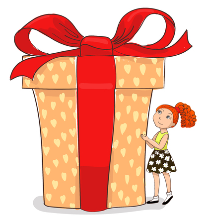 hand drawing vector little girl is watching big giftのイラスト素材