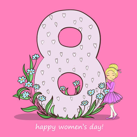 8 march hand drawing vector card with little girl and big eight figureのイラスト素材