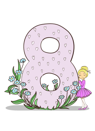 hand drawing vector little girl and big eightのイラスト素材