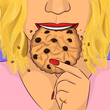 Woman eat chocolate chip cookie vector hand drawingのイラスト素材