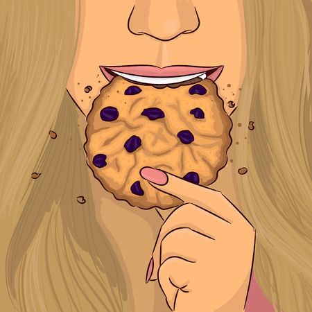 Woman eat raisin cookie vector hand drawingのイラスト素材