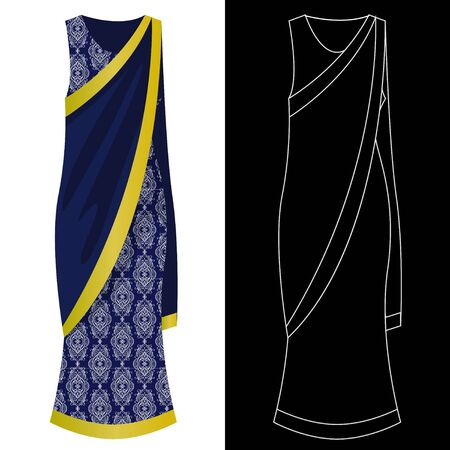 Sari dress image with white outline silhouette on black vectorのイラスト素材