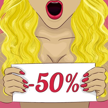 Woman curly brunette with nameplate saleのイラスト素材