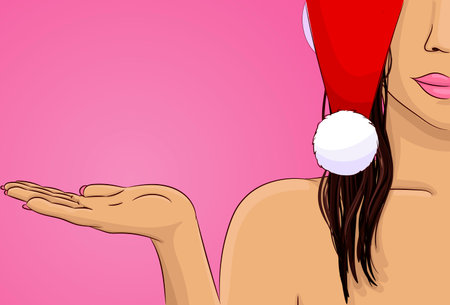 Woman in santa cap with hand keeping somethingのイラスト素材