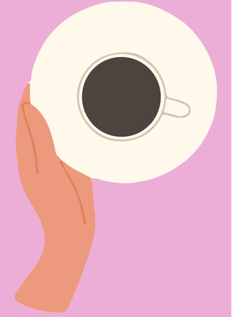 Flat vector illustration of hand holding white saucer and cup. Top view of crockery with hot drink.のイラスト素材