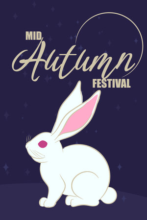 Mid autumn festival card with white sitting rabbit. Minimalistic background on blueのイラスト素材