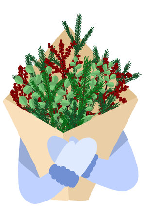 hand drawn winter bouquet with spruce, holly, eucalyptusのイラスト素材