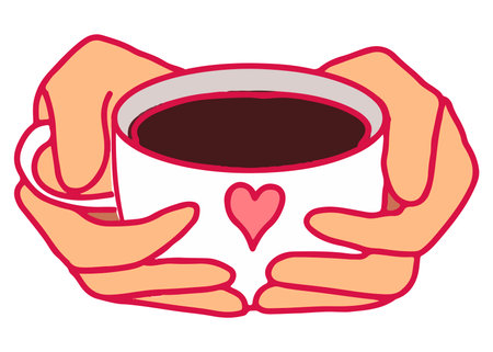 Flat vector illustration of hands holding cup with the heart. Love, romantic, st valentine,s day symbol.のイラスト素材