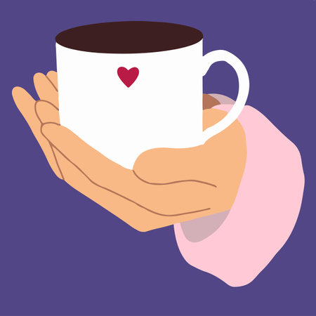 Flat vector illustration of hands holding cup with the heart. Love, romantic, st valentine,s day symbol.のイラスト素材