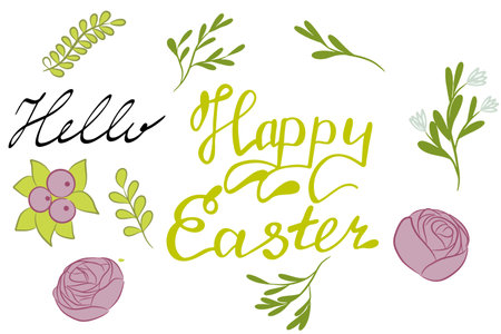 Easter set with branches, berries, roses, lettering clip artのイラスト素材