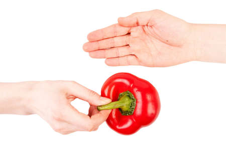 Hand passing red pepper to another hand. Isolated on white.の写真素材