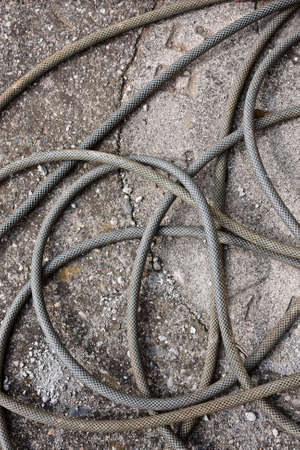 Circles and curves of hose dropped on ground on gray concrete.の写真素材
