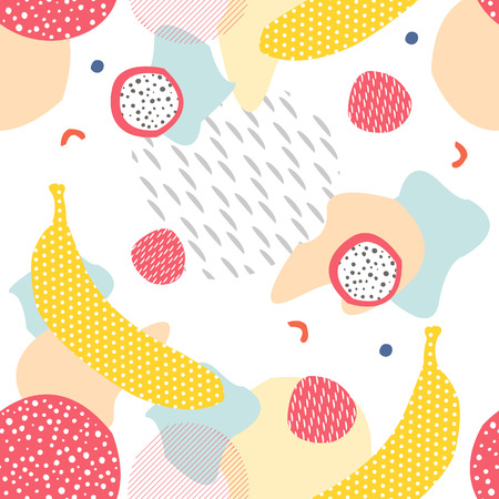 Colorful seamless pattern with fruits. Vector banana, strawberry and dragon fruitのイラスト素材
