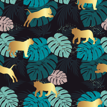 Vector seamless pattern with leopards and tropical leavesのイラスト素材