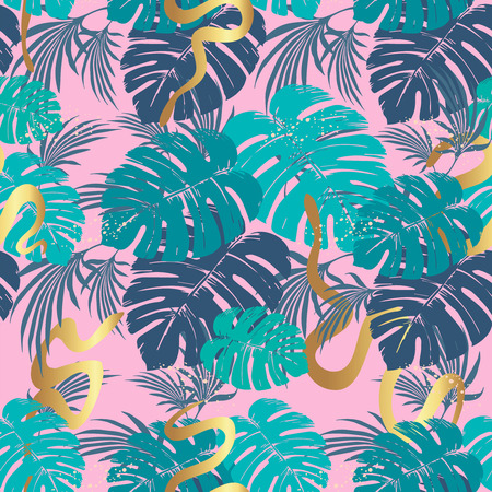 Vector seamless pattern with snakes and tropical leavesのイラスト素材