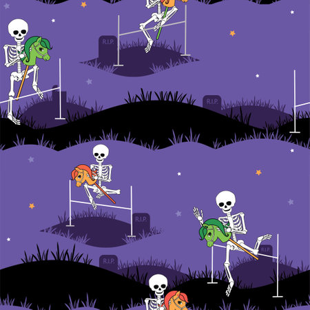 Cartoon skeleton rides a toy horse on cemetery. Halloween hobby horsing. Seamless pattern. Vector illustration.のイラスト素材