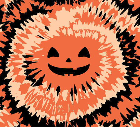 Tie dye orange spiral circle seamless pattern with jack o lantern face. Halloween vector illustration.のイラスト素材