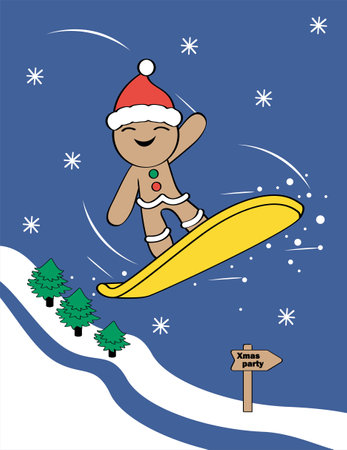 Funny cartoon Cookies snowboarding. Christmas vector illustration.のイラスト素材