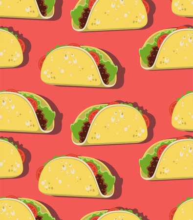 Cartoon Mexican tacos seamless pattern. Vector illustration.のイラスト素材