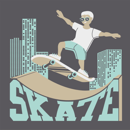 Man skatboarding on ramp on city background. Vector illustration.のイラスト素材