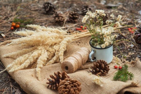 Picnic in a pine forest. A metal vintage mug with forest flowers, spruce branches, cinnamon sticks, winding threads and cones on the village tablecloth. New Year and Christmas background, postcardの写真素材
