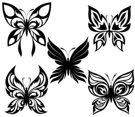 Set  black white butterflies of a tattooのイラスト素材