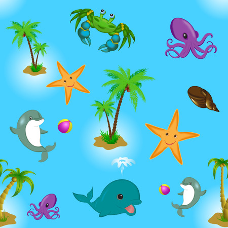 Pattern seamless with sea animals, palmのイラスト素材