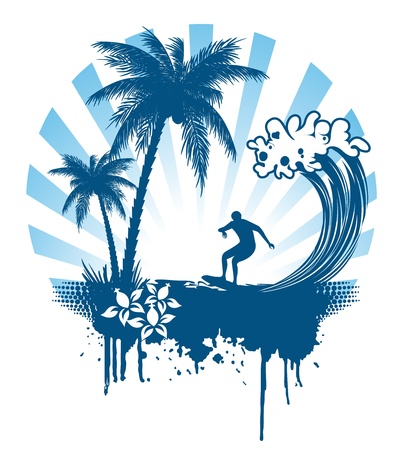 Palm and surfing on waves in grunge styleのイラスト素材